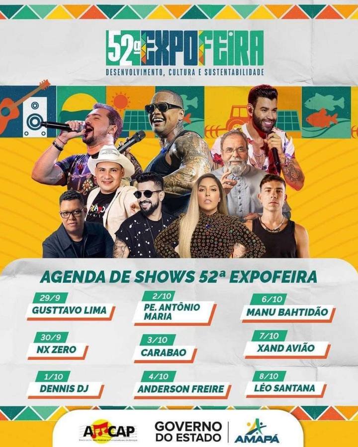 Cartaz da agenda de shows da 52ª Expofeira, com realização da AMCAP e do Governo do Estado do Amapá